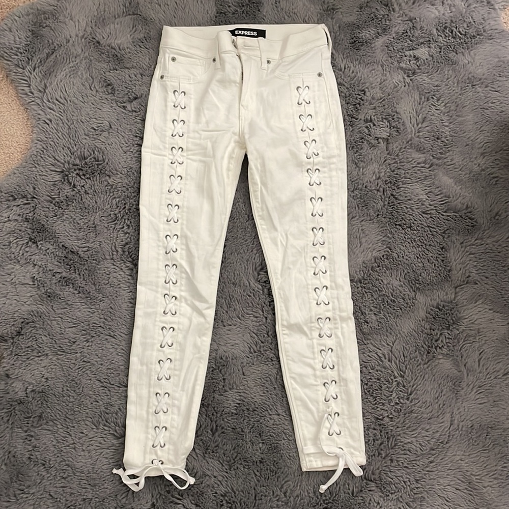 Express Lace Up Detail White Ankle Skinny Jeans